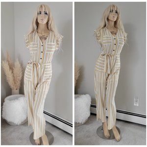 Striped retro pastel yellow and cream button up pant suit romper monteau